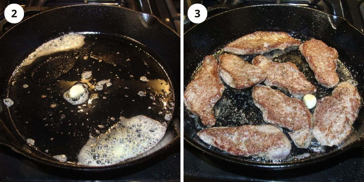 collage of two pictures of frying garlic and then veal cutlets in a cast iron pan.