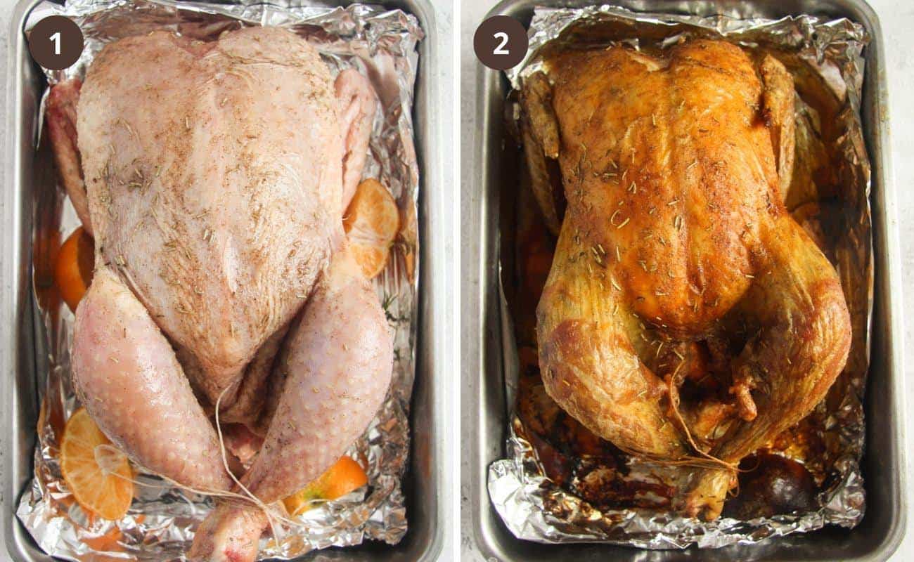 collage of two pictures of whole chicken before and after roasting.