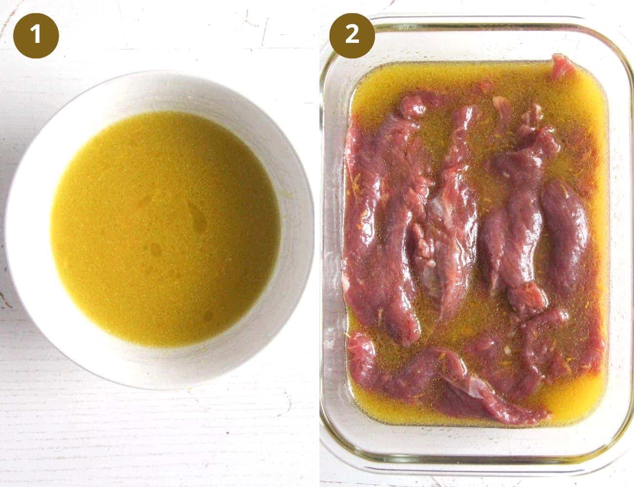 bowl of lemon marinade and meat pieces marinating in a casserole dish.
