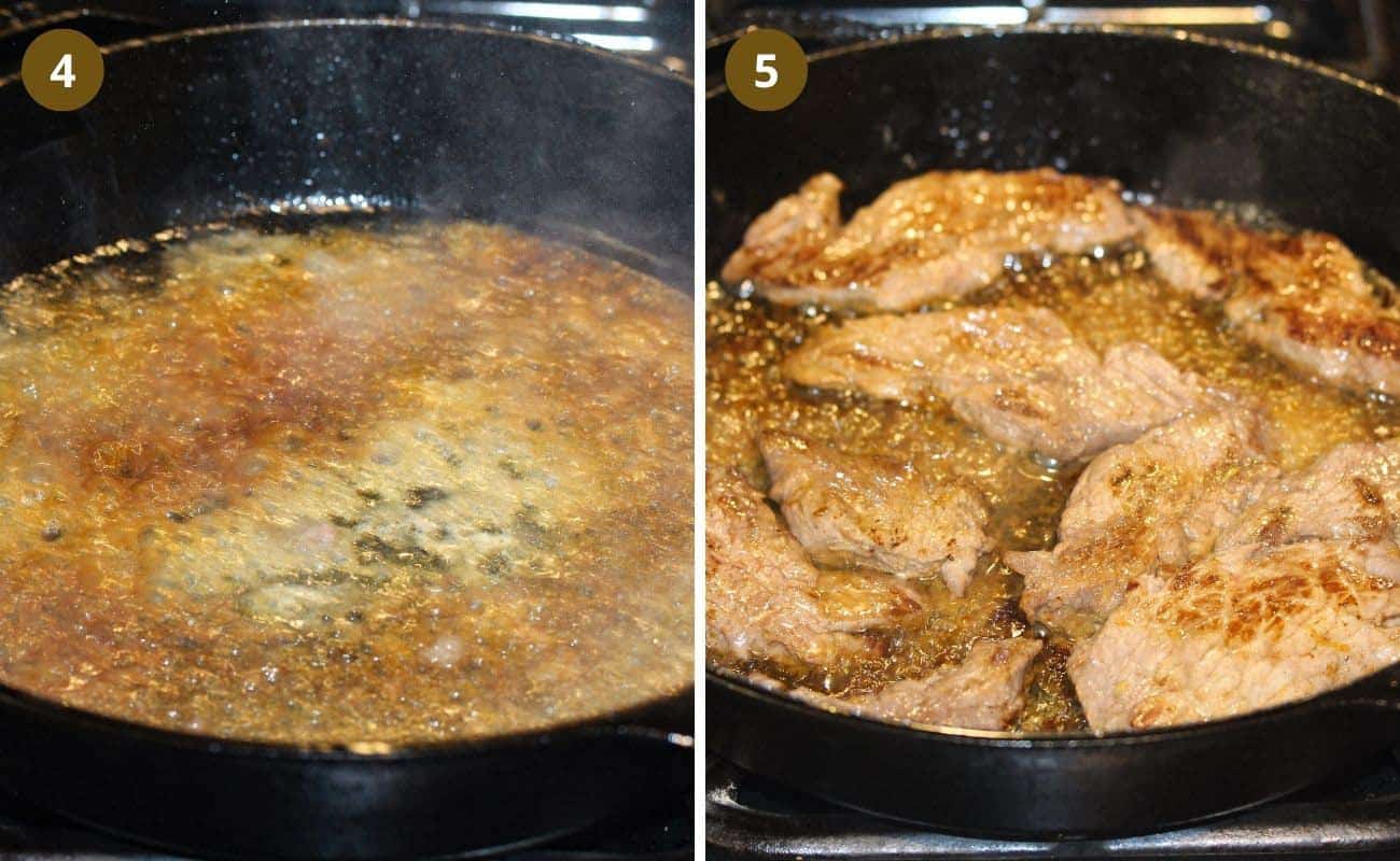 collage of two pictures of making lemon sauce for meat in a skillet.