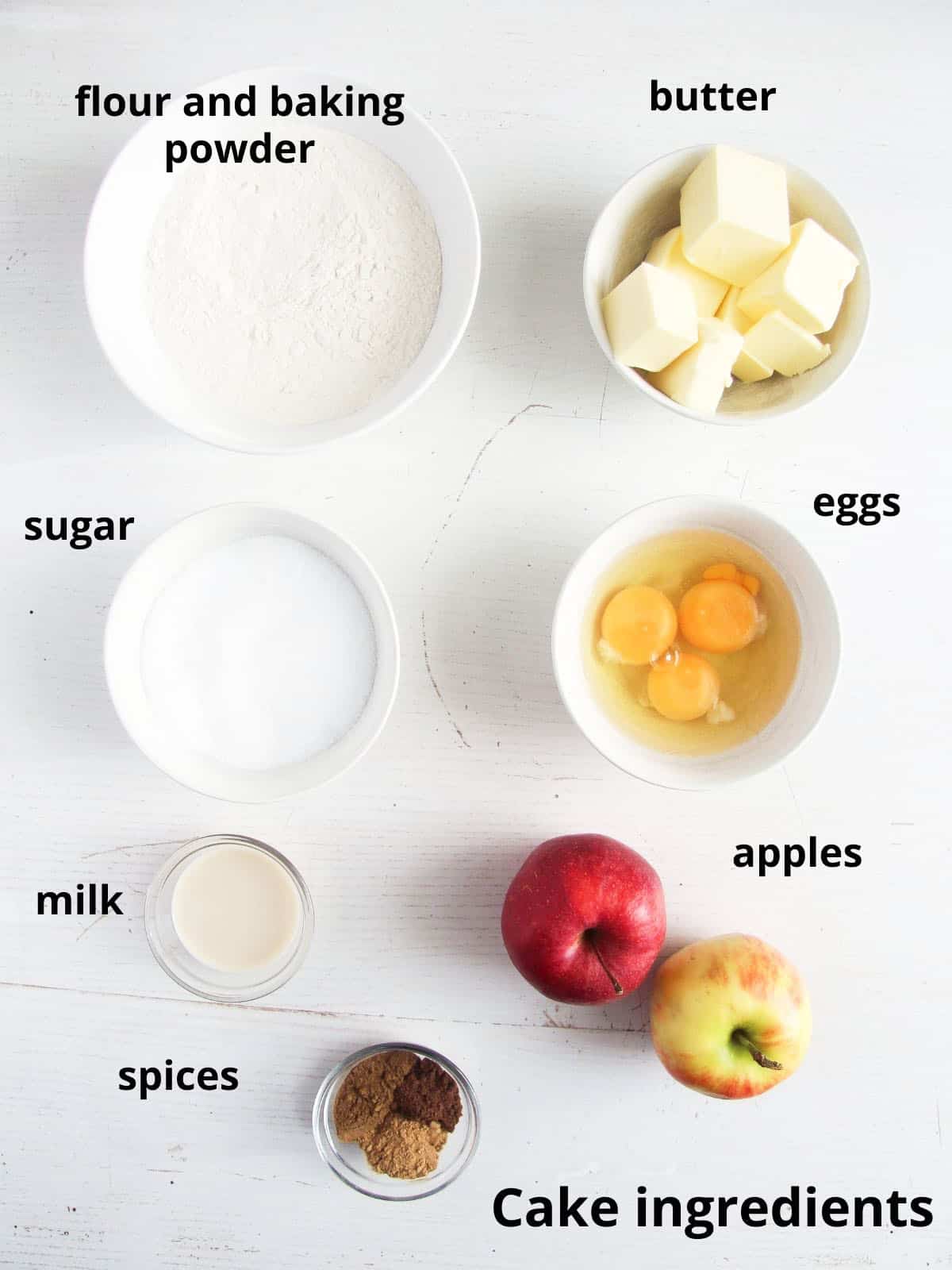 labeled ingredients needed for spicy apple cake.