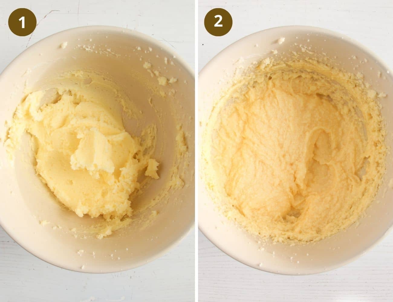 collage of two pictures of creaming butter with sugar and eggs.