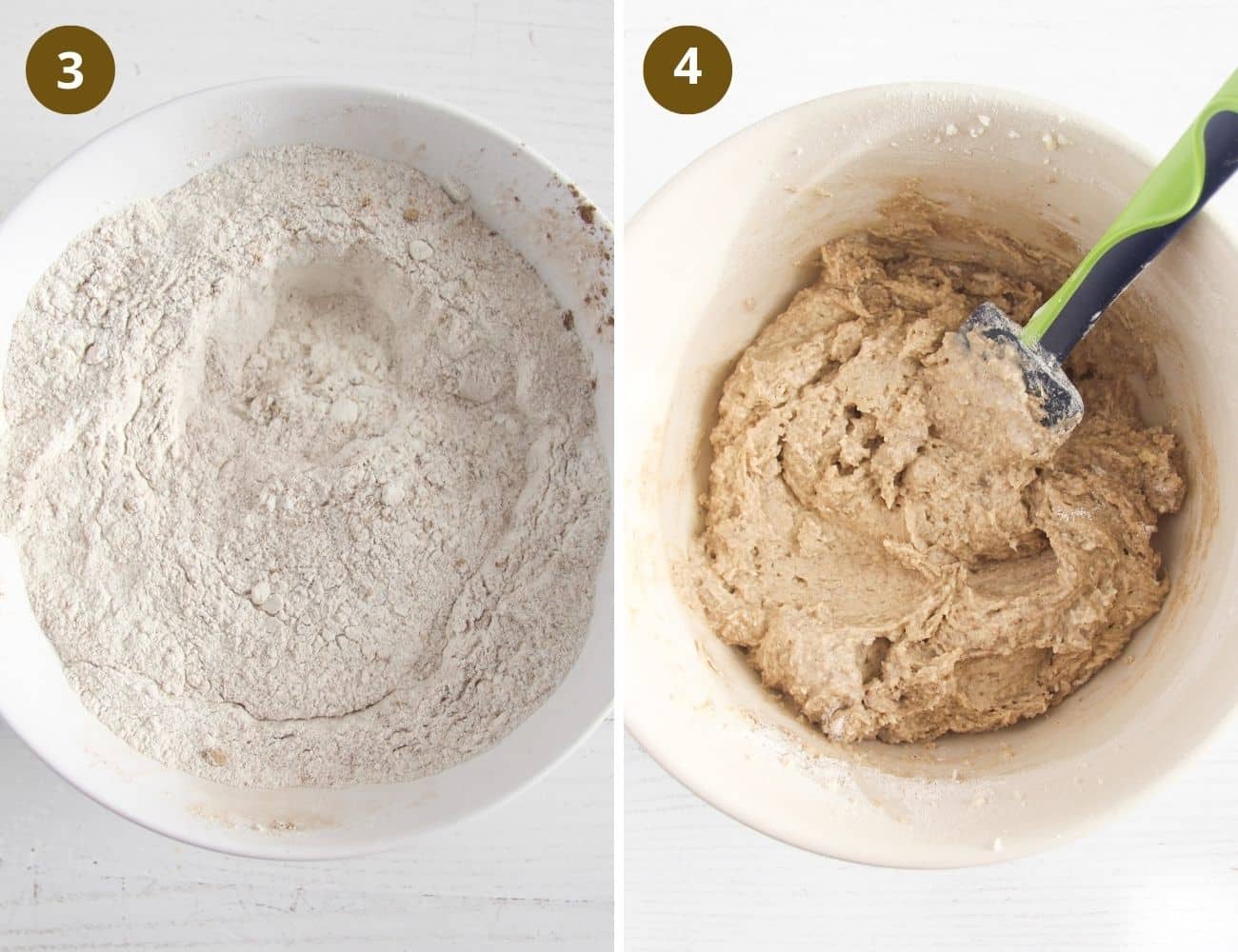 collage of two pictures of sifted flour and cake batter.