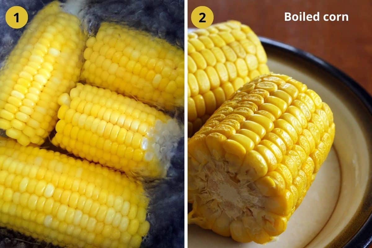 collage of two pictures of boiling corn cobs.