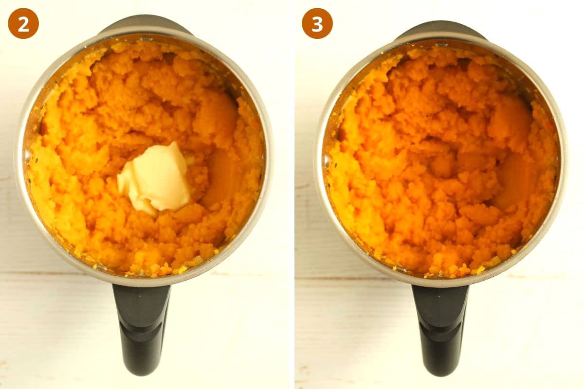 collage of two images of mashing vegetables with butter in a food processor.