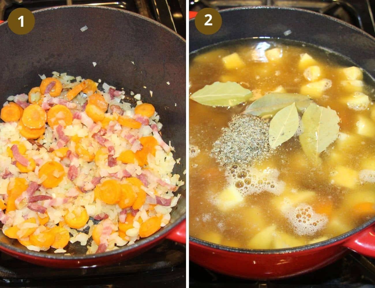 collage of two pictures of cooking onions and carrots and adding stock to the pot.