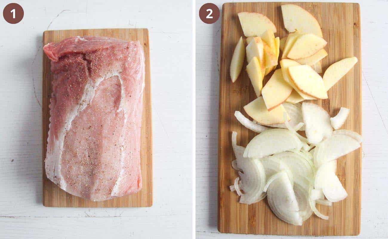 collage of two pictures of pork loin and sliced apples and onions on a cutting board.