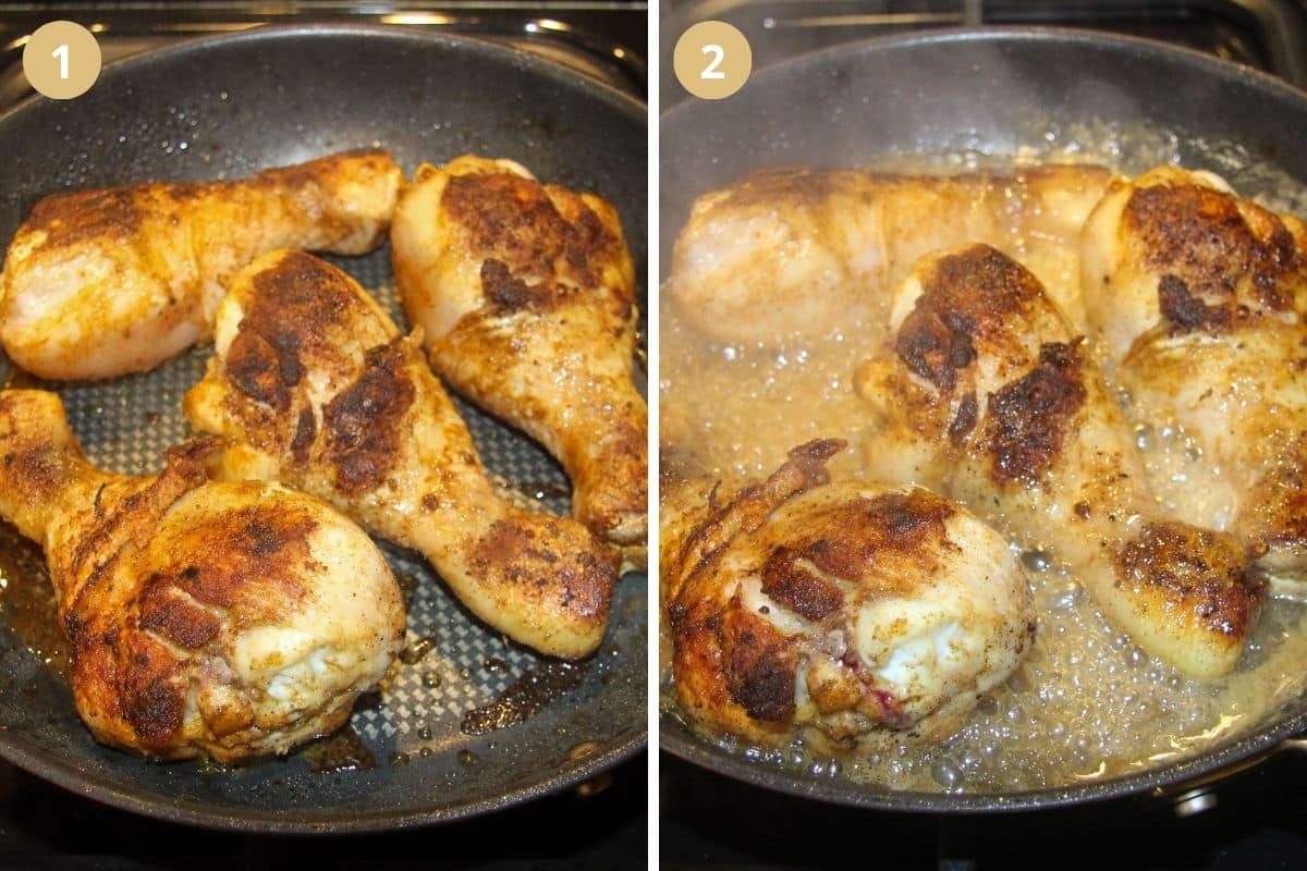collage of two pictures of chicken legs frying in a pan.