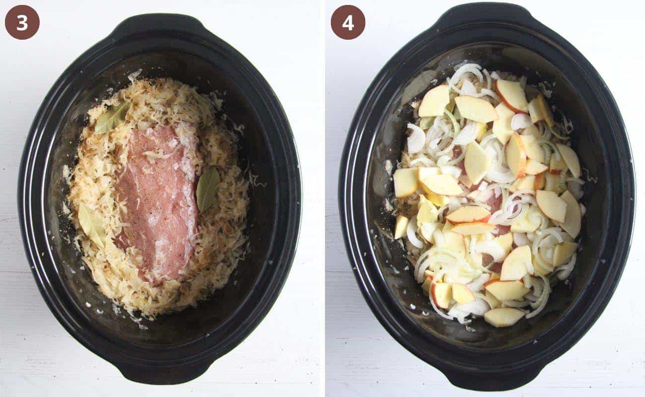collage of two images of meat and sauerkraut in the crockpot before cooking.