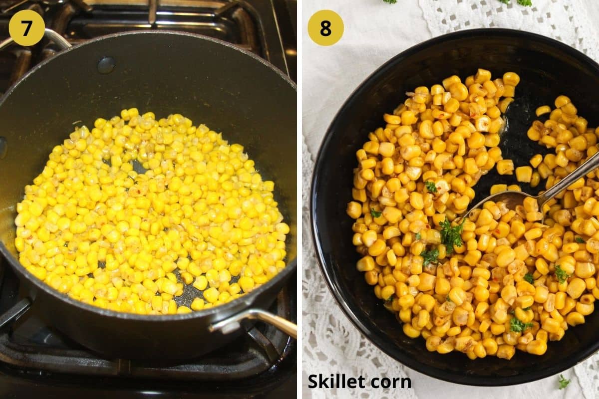 collage of two pictures of cooked corn kernels in a pan.