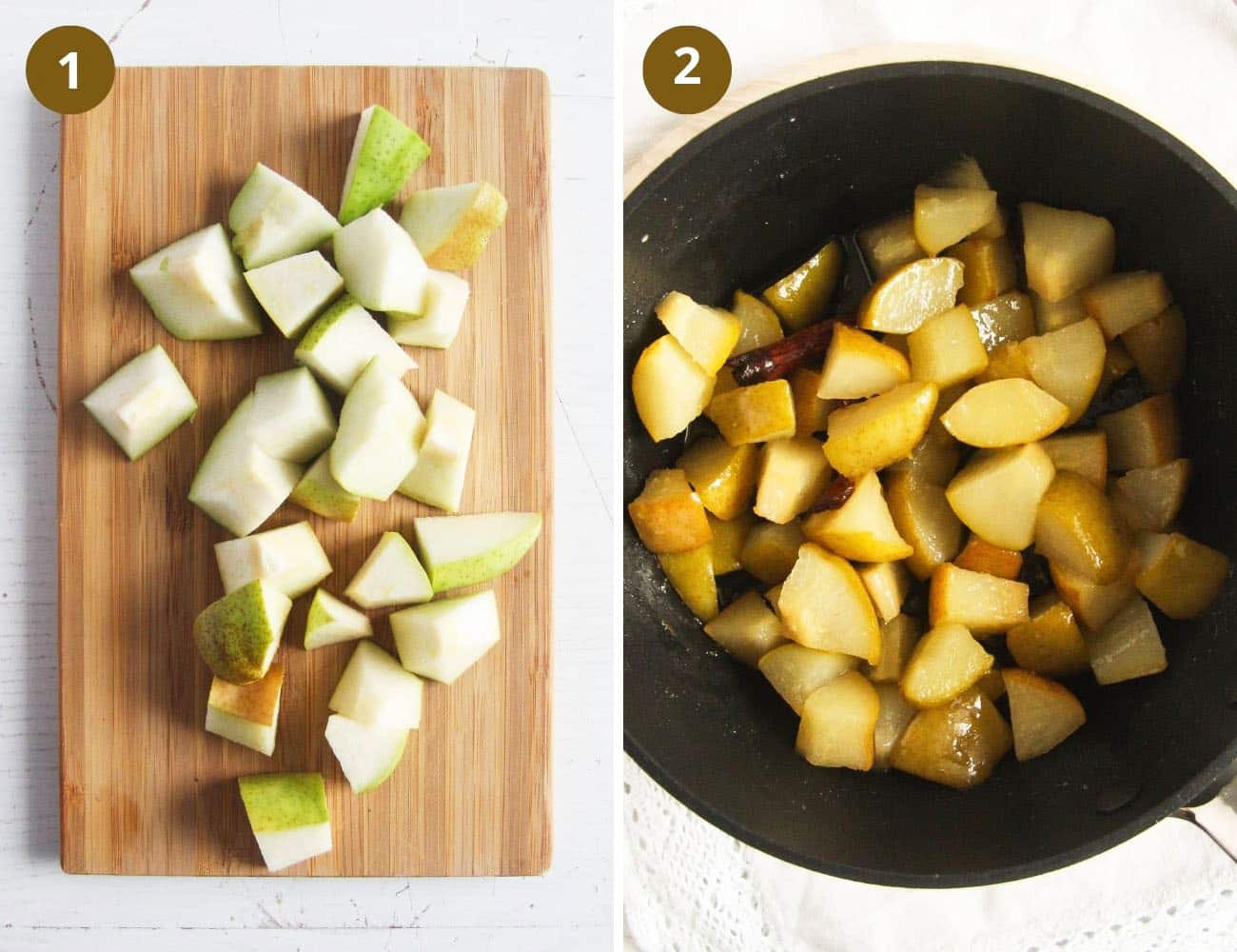 collage of two pictures of raw and then cooked pears.
