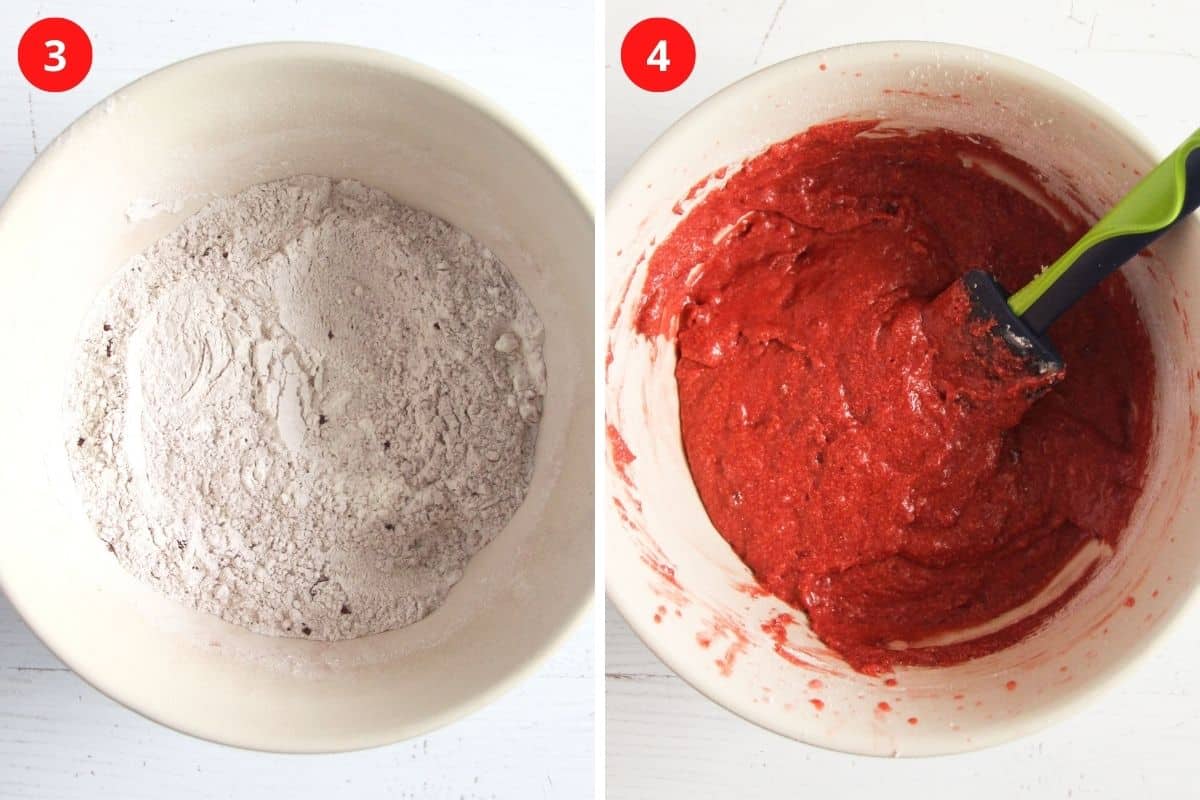 collage of two pictures of making red cake batter in a bowl.