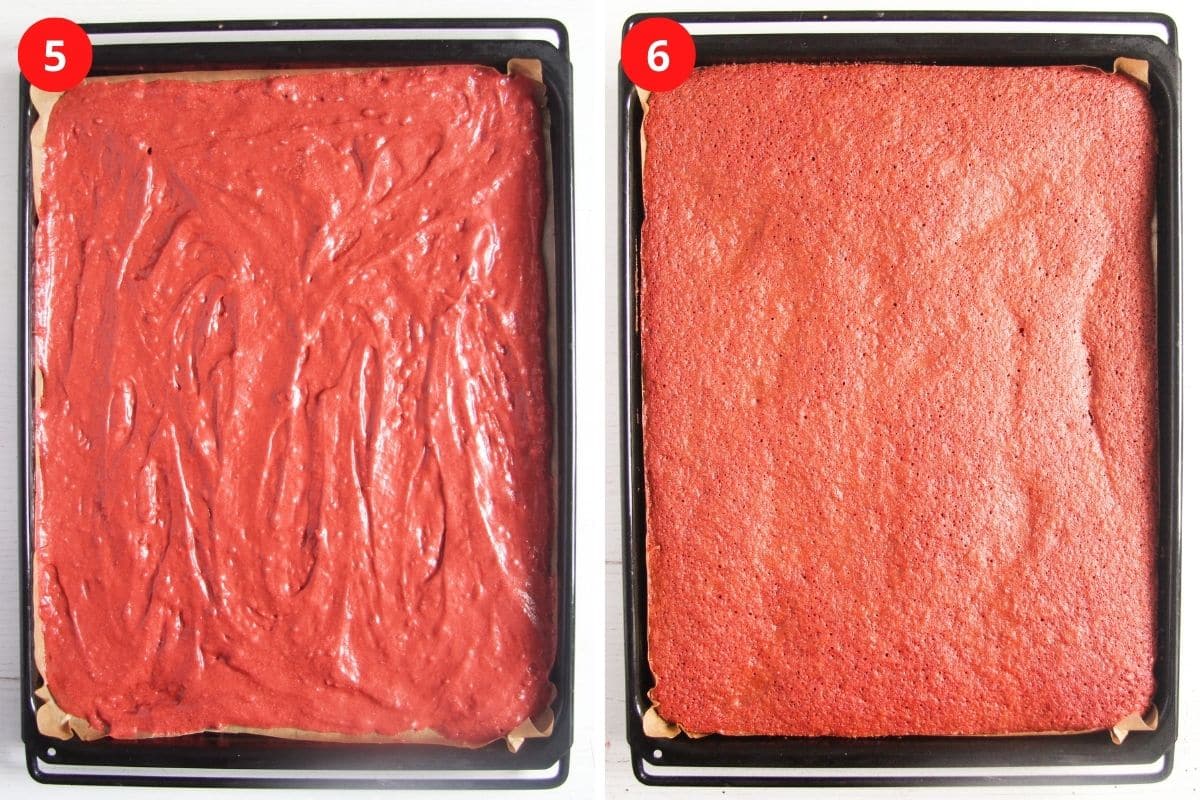 collage of two pictures of unbaked and baked red batter.