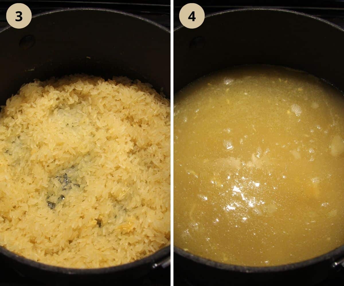collage of two pictures of coating rice with fat in a pan and adding stock.