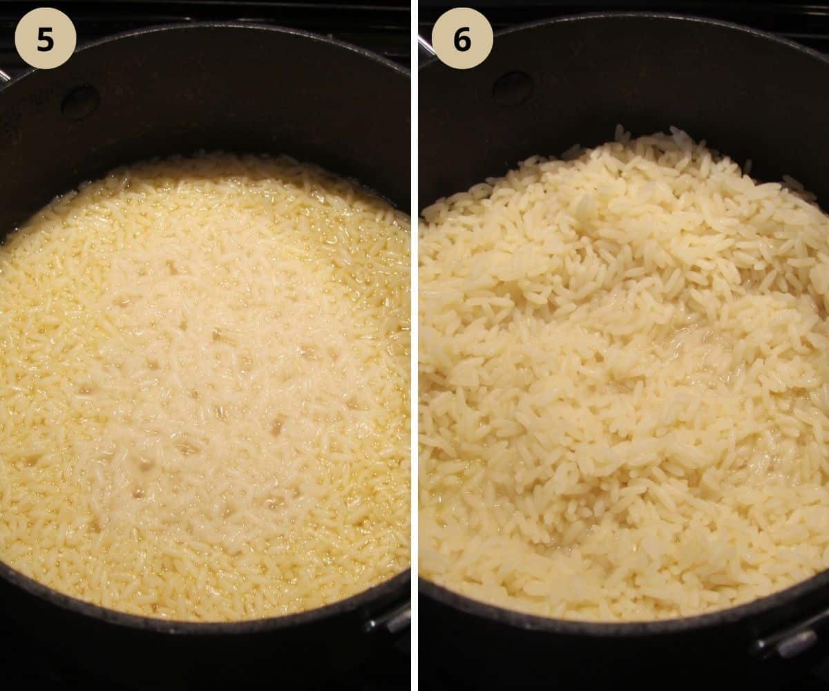 collage of two pictures of cooked rice in a pan.