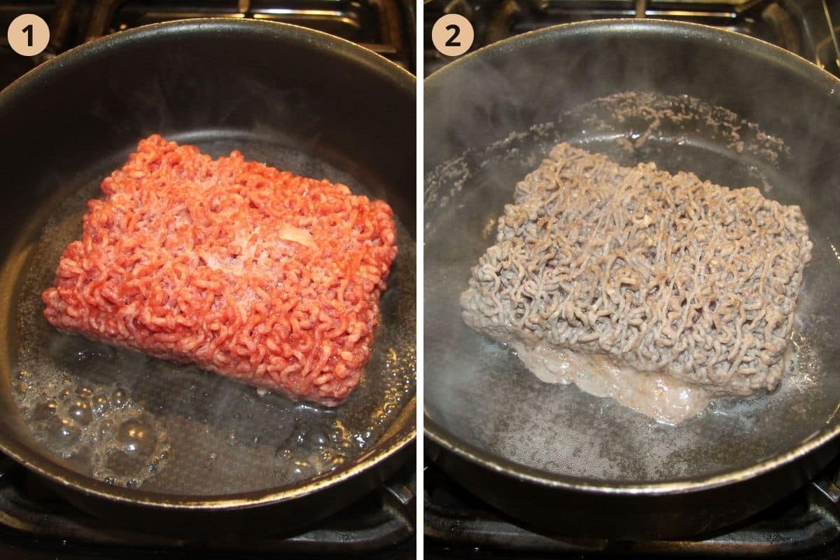 collage of two pictures of a block of frozen beef in a pan before and after cooking.