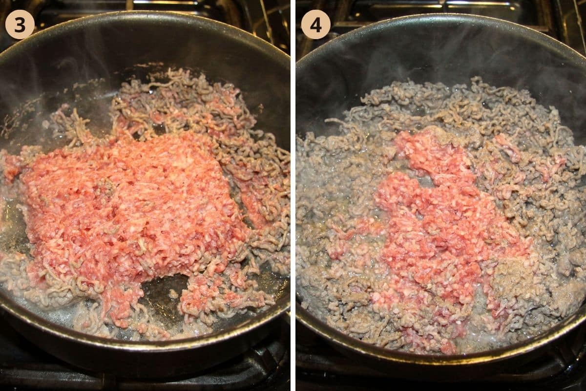 collage of two pictures of scraping cooked meat from a block of frozen meat in a pan.
