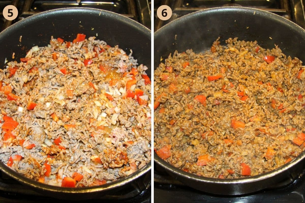 collage of two images of cooking ground beef and vegetables in a saucepan.