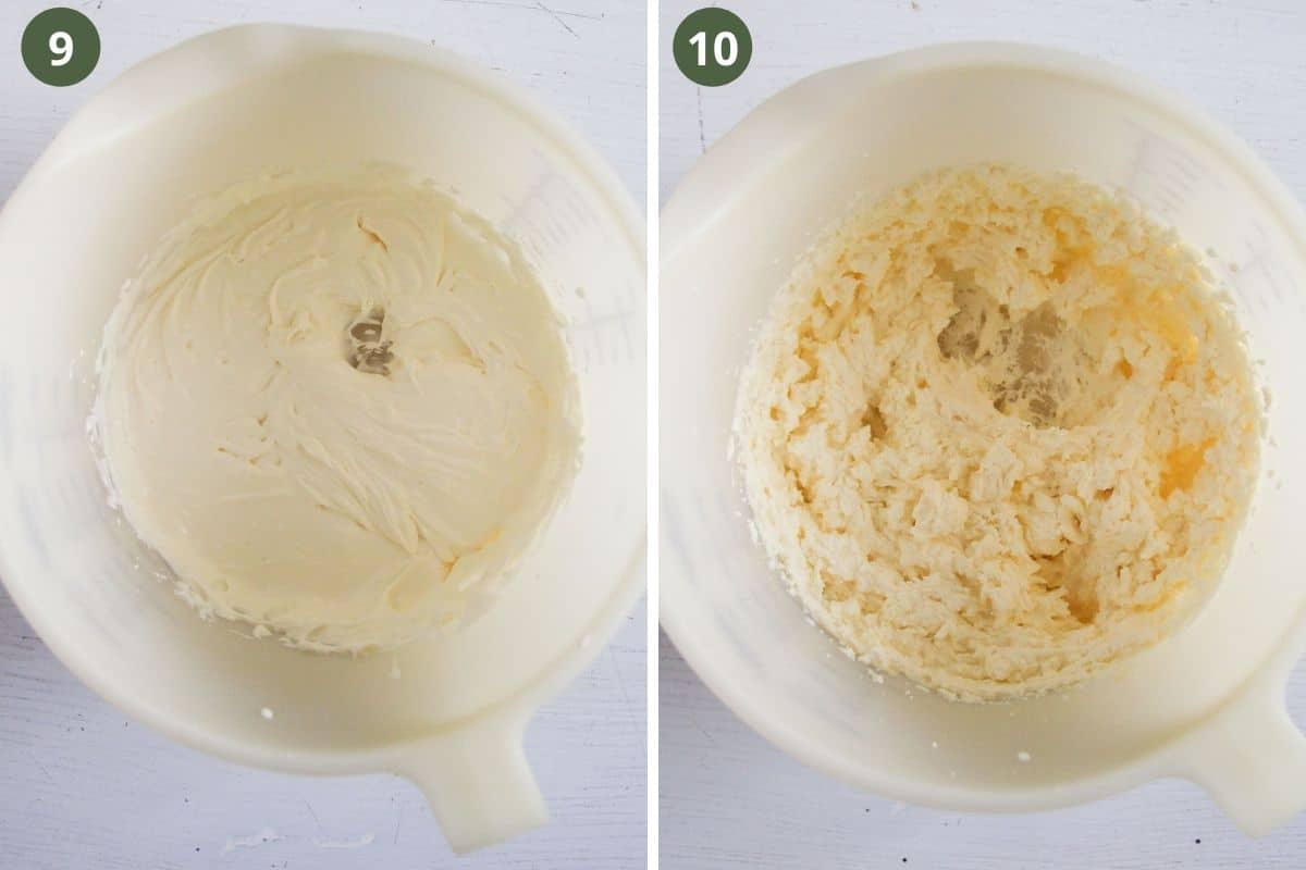collage of two pictures of making cream cheese frosting in a bowl.