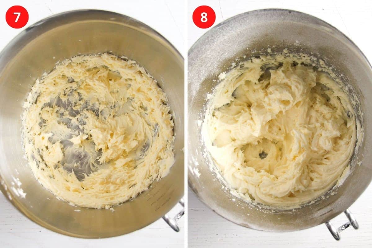 collage of two pictures of making cream cheese frosting in a bowl.