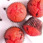 pinterest image red velvet chocolate chip muffins.