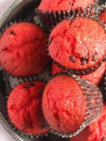 red velvet muffins with chocolate chips close up.
