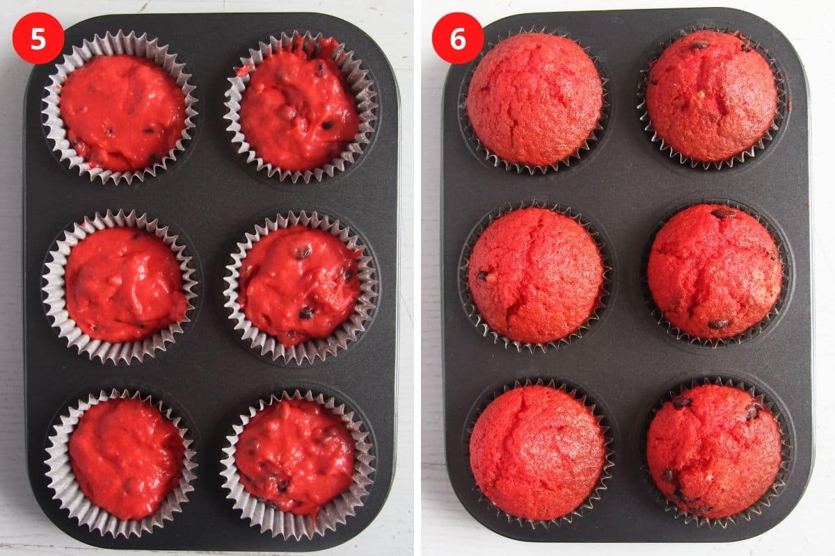collage of two pictures of unbaked and then baked red velvet muffins.