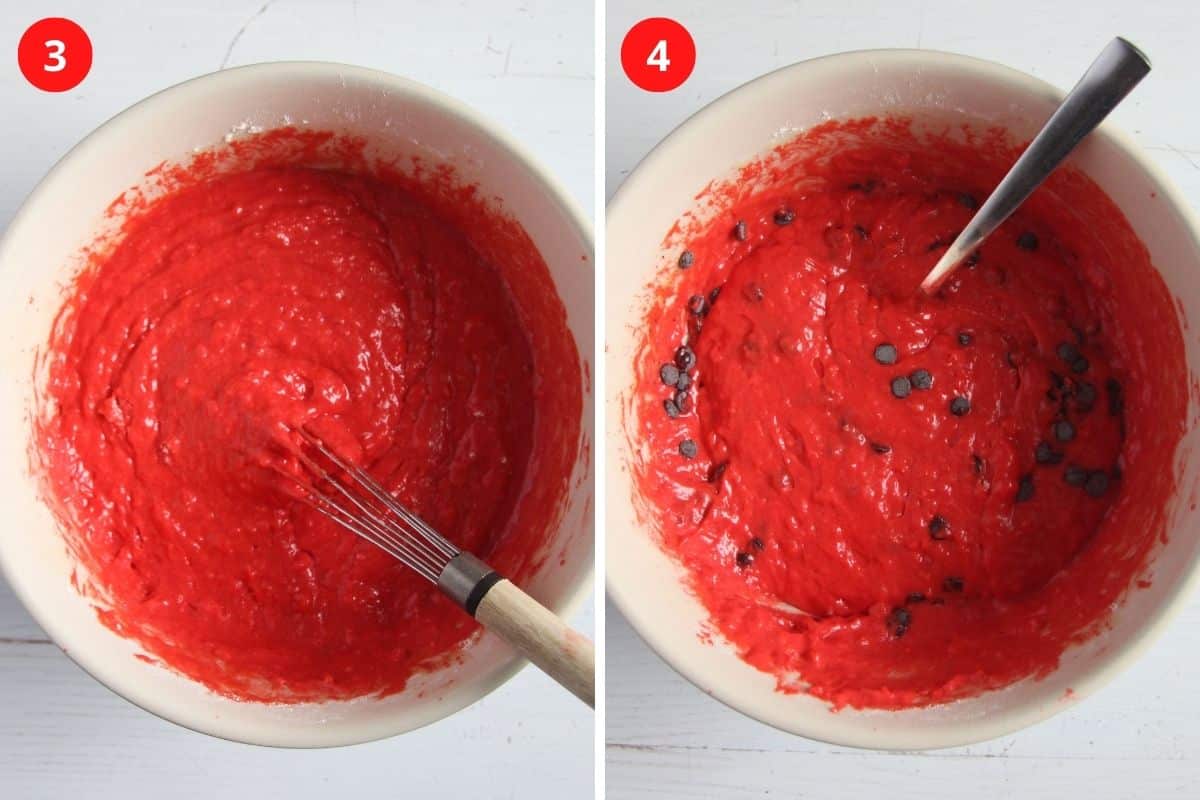 collage of two pictures of stirring batter and adding chocolate chips to it.