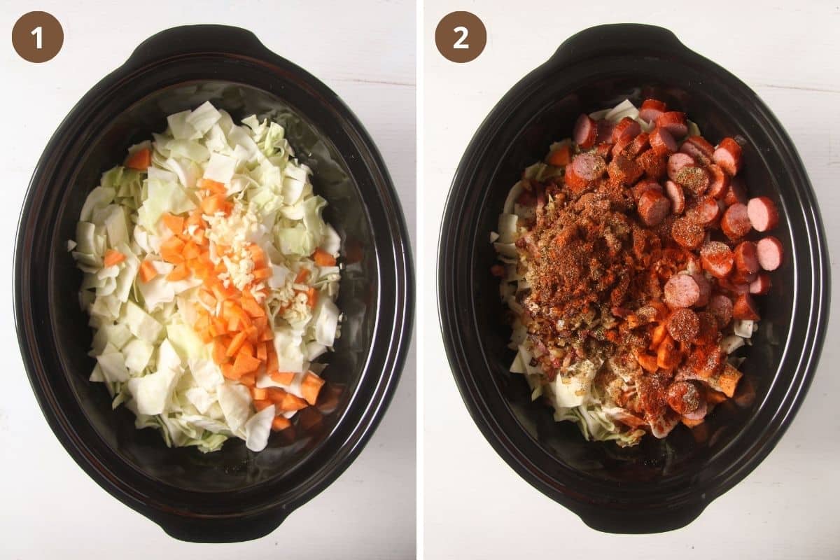 collage of two pictures of uncooked cabbage in a crockpot.