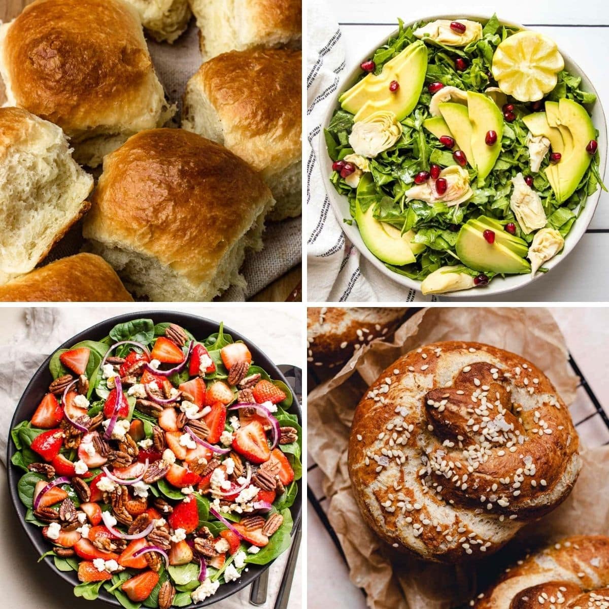 collage of four pictures of rolls, pretzel, avocado salad, strawberry salad.