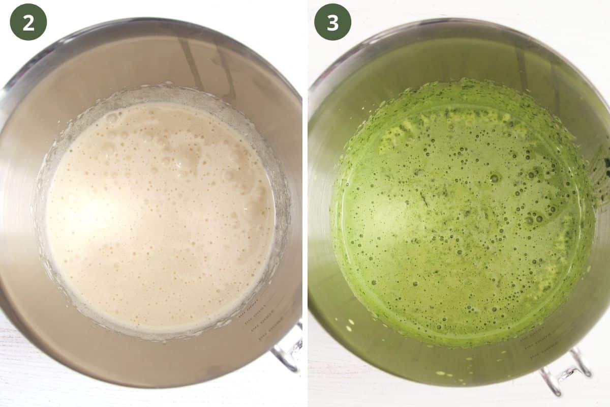 collage of two pictures of making green batter in a bowl.