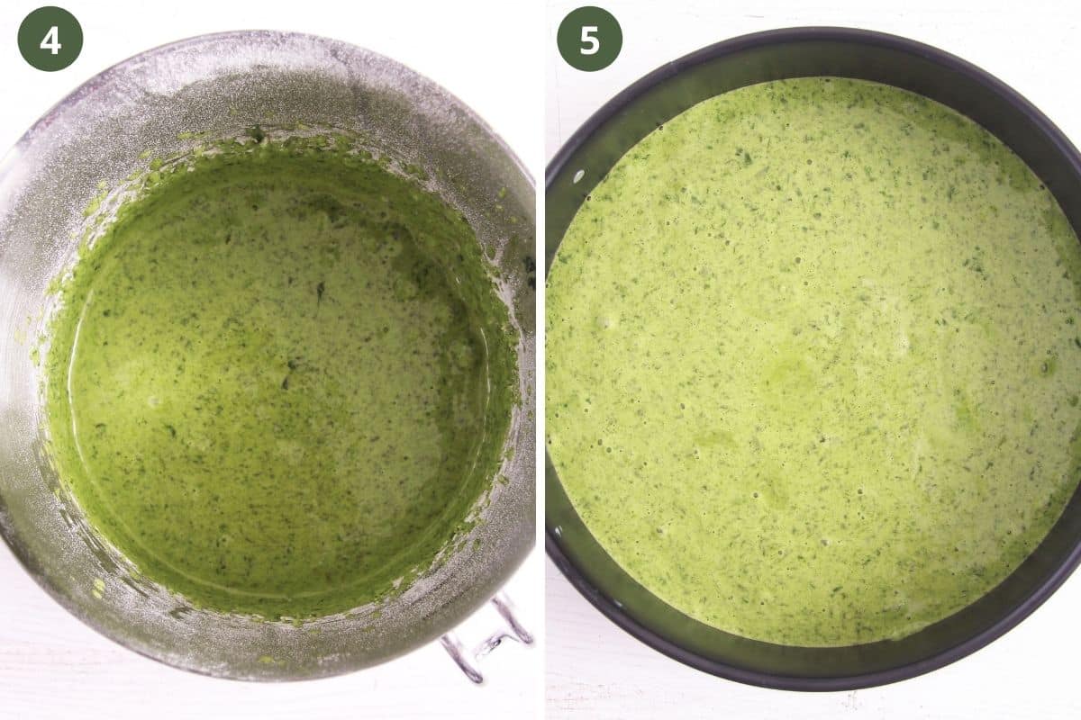 collage of two pictures of green cake batter in a bowl and in a springform.