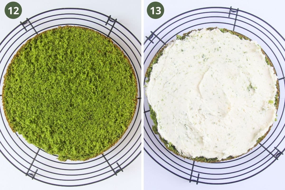 collage of two pictures of filling green colored cake layers with cream cheese frosting.