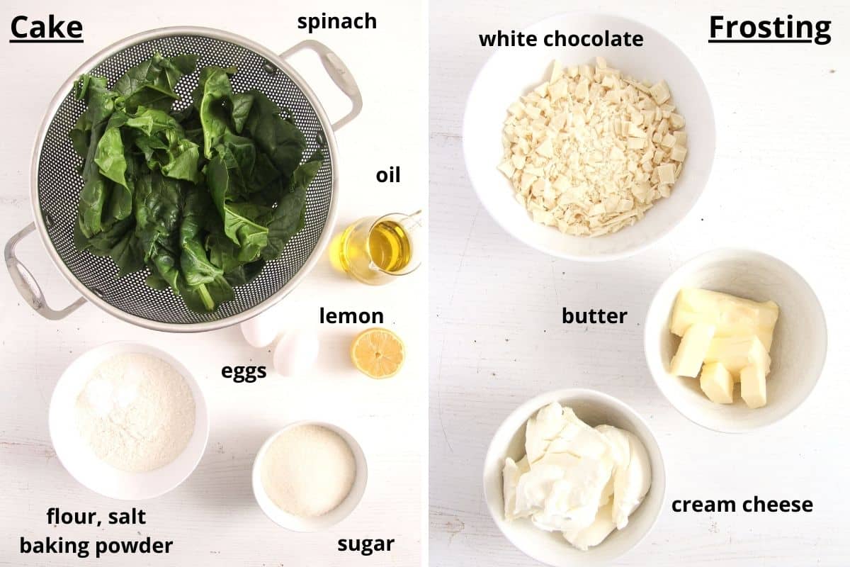 collage of two pictures of ingredients for spinach cake and for the cream cheese frosting.