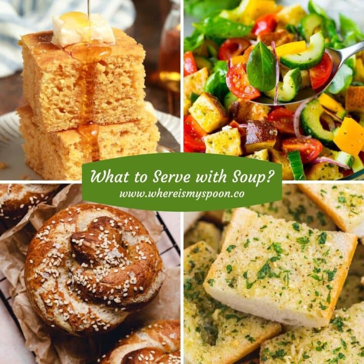 collage of four images of what to serve with soup.