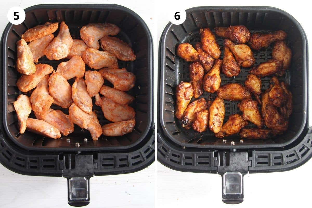 collage of two pictures of frozen wings before and after cooking in air fryer.