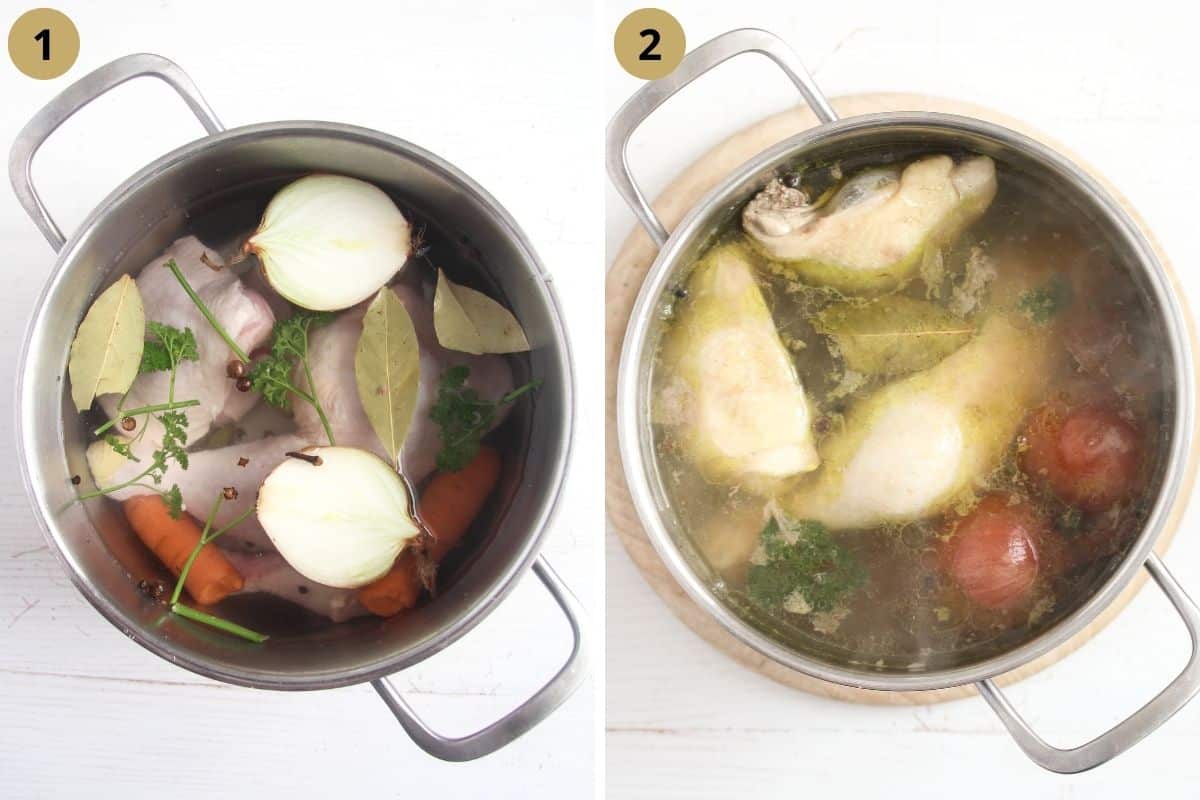 collage of two pictures of a pot with chicken and vegetables before and after cooking.