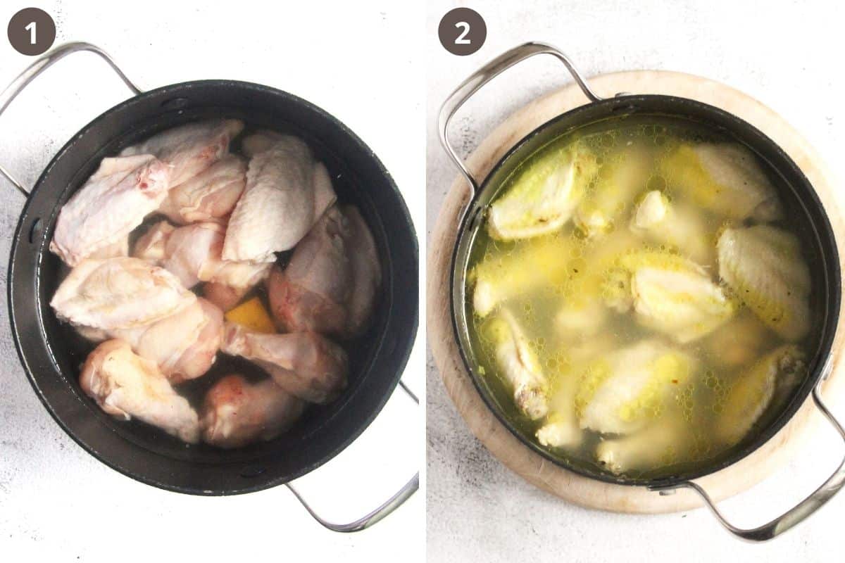 collage of two pictures of chicken wings before and after boiling in a pot.