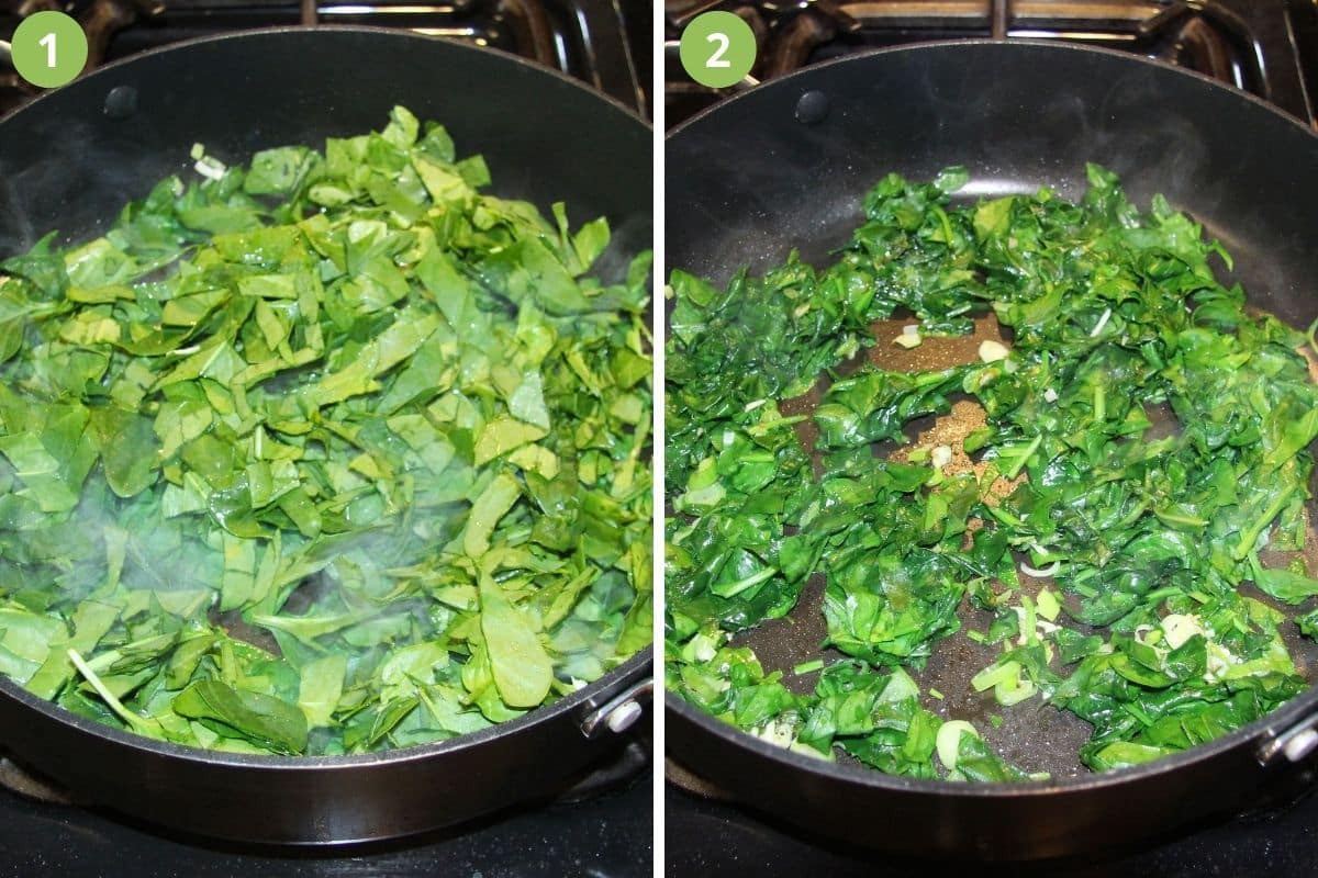 collage of two pictures of cooking fresh spinach in a pan, before and after wilting.