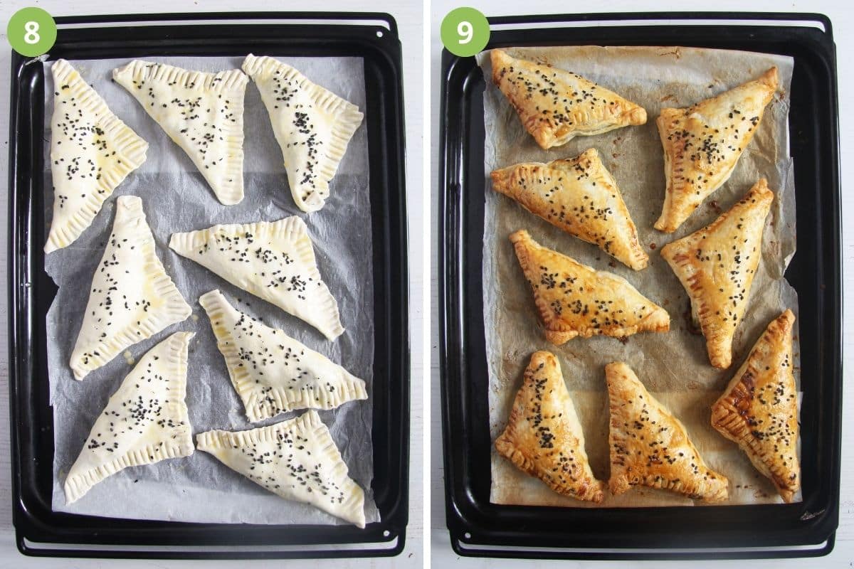collage of two pictures of unbaked and baked feta spinach triangles on a baking sheet.