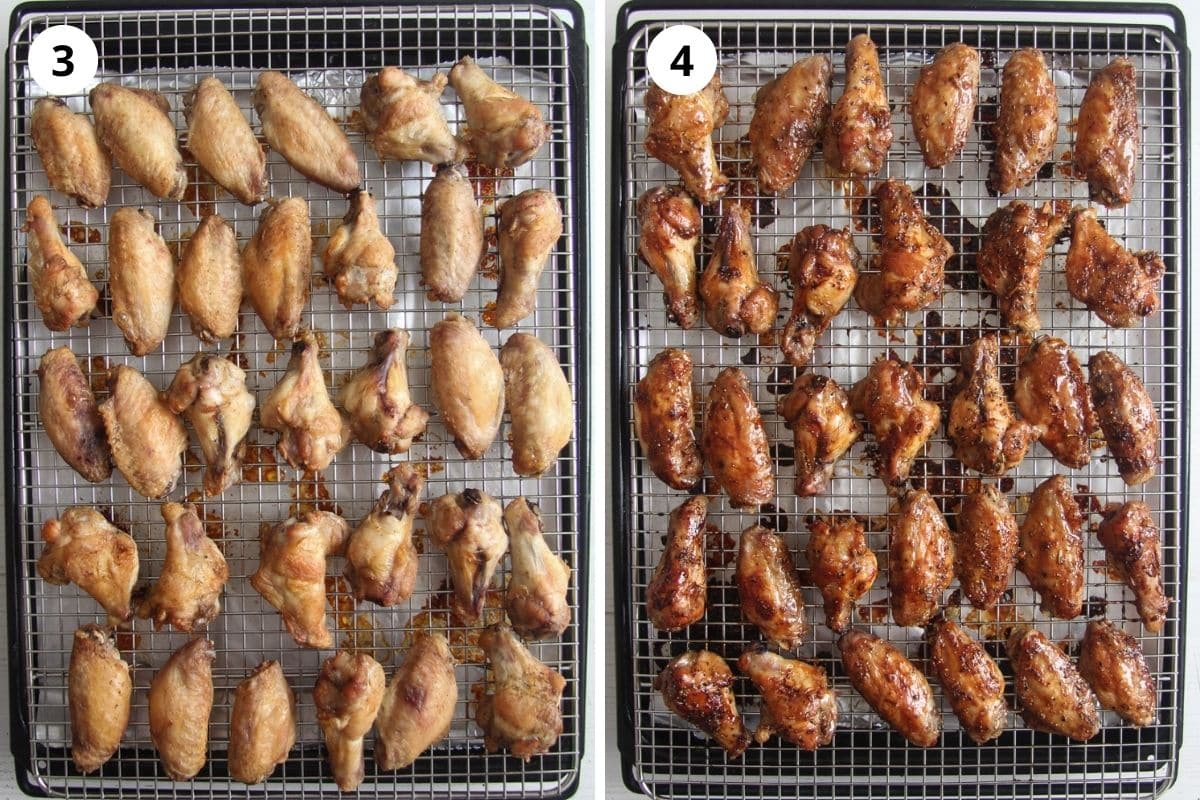 collage of two numbered pictures of chicken wings baked on a wire rack.