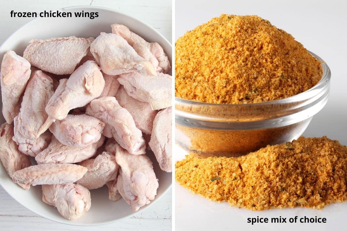 collage of two pictures of frozen chicken wings in a bowl and another bowl with yellow seasoning.