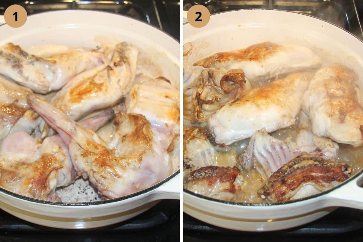 collage of two pictures of frying rabbit pieces until golden.