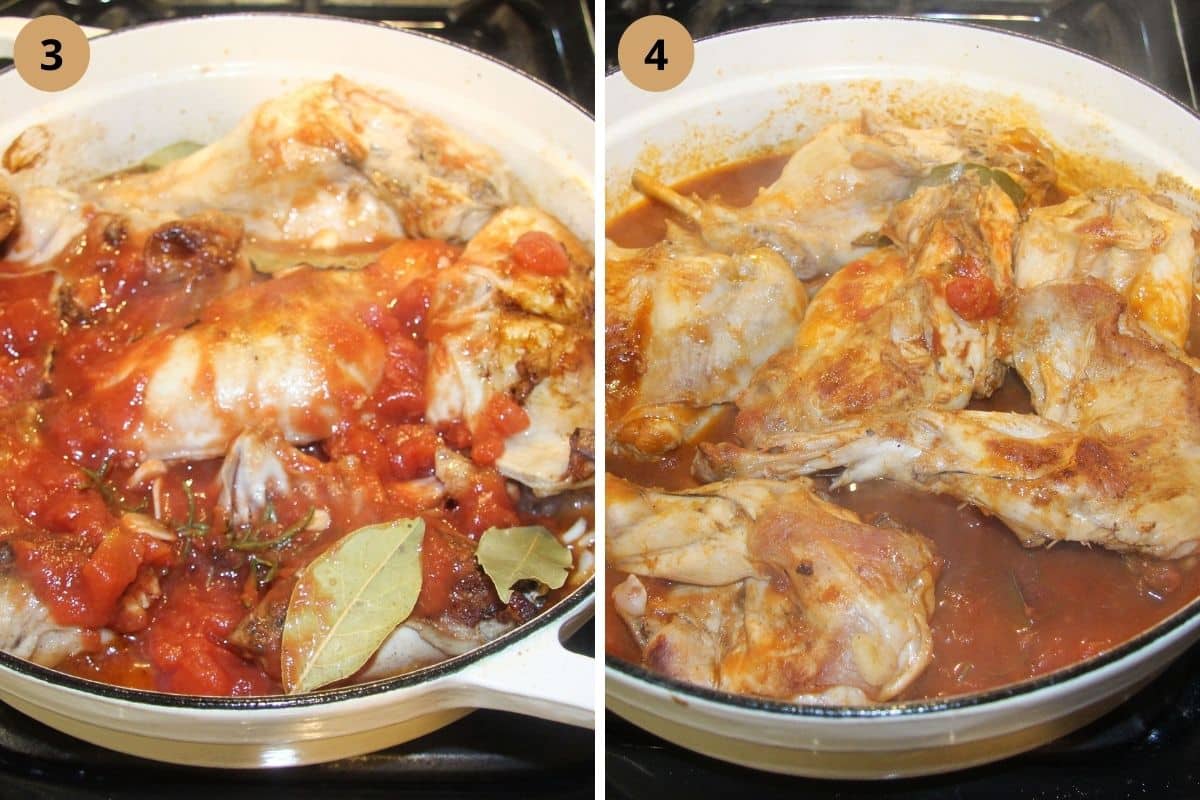 collage of two pictures of cooking rabbit pieces in tomato sauce.