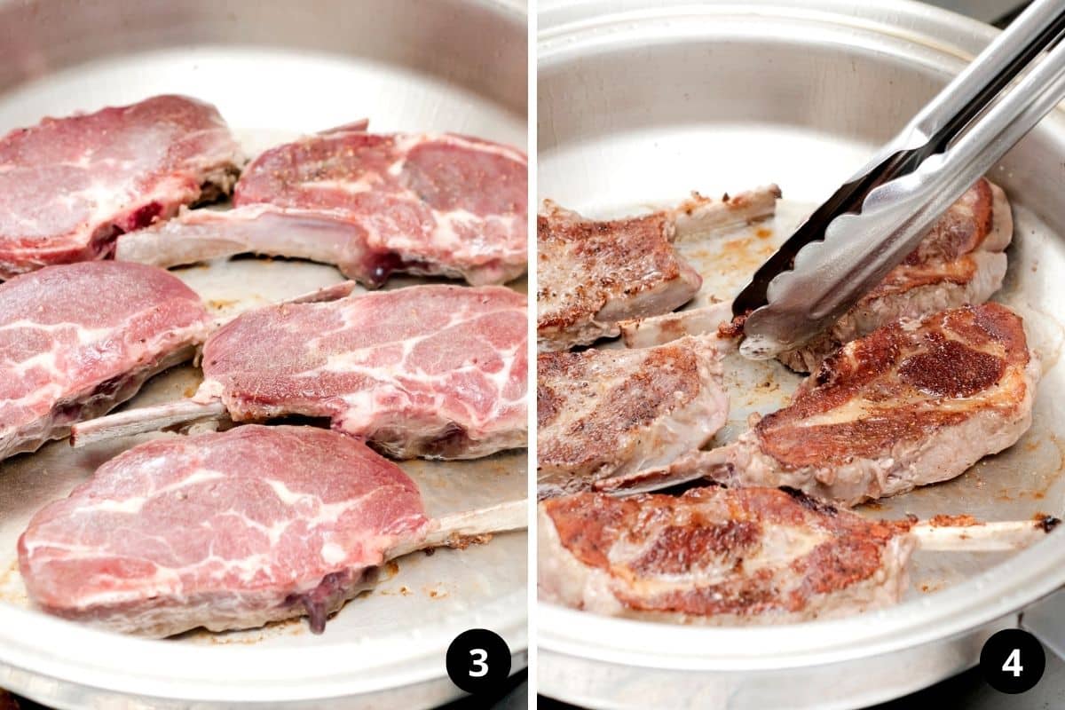 collage of two pictures of frying lamb chops.