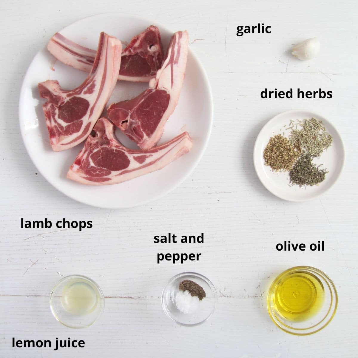 listed ingredients for fryng lamb chops on the table.