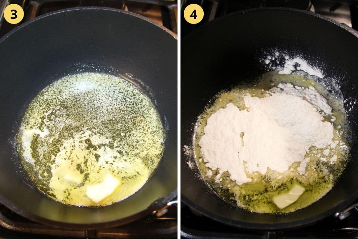collage of two pictures of melting butter and roasting flour in it for bechamel sauce.