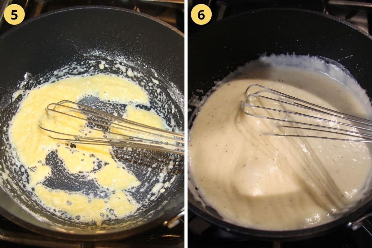 collage of two pictures of making bechamel sauce in a saucepan.