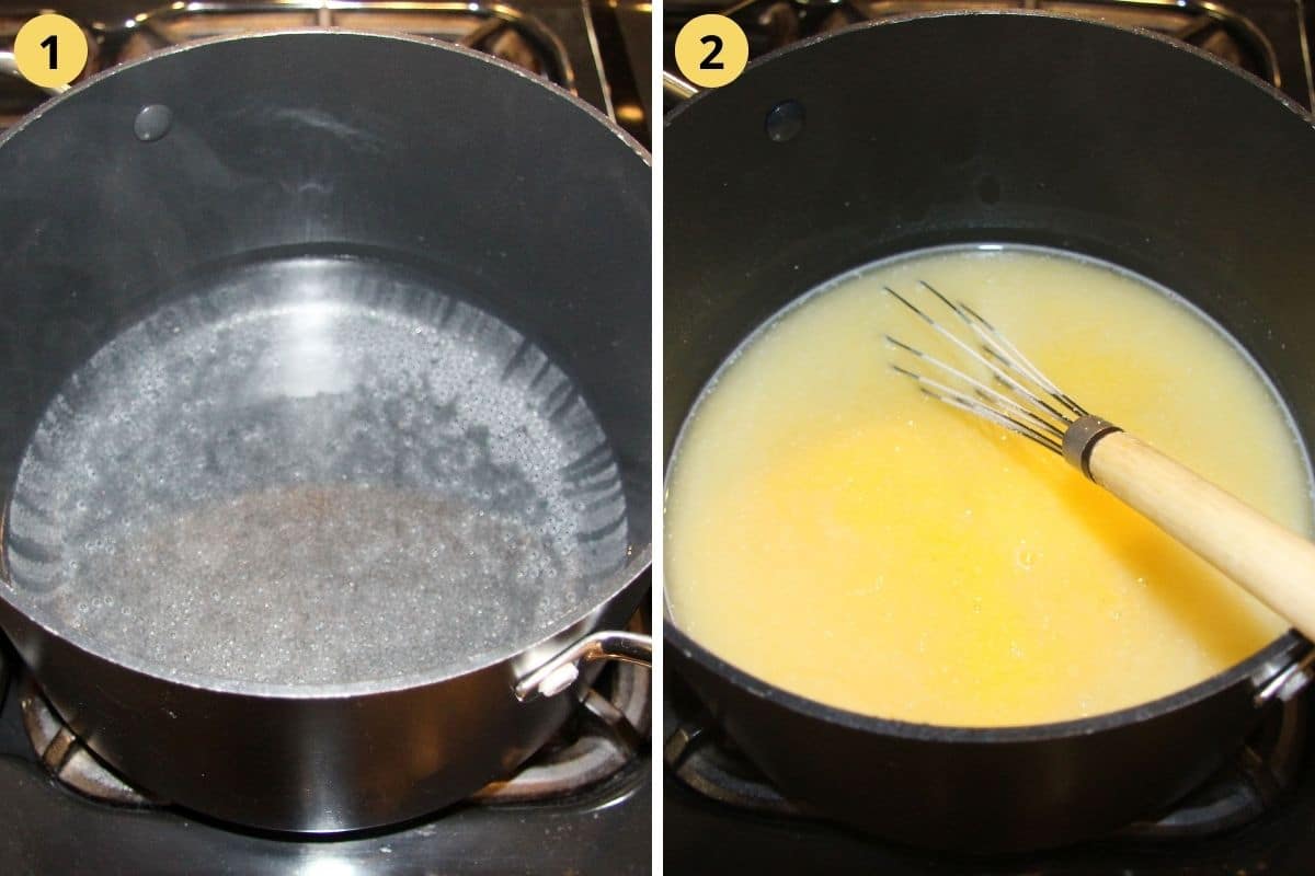 collage of two pictures of heating water and whisking in cornmeal in a pot.