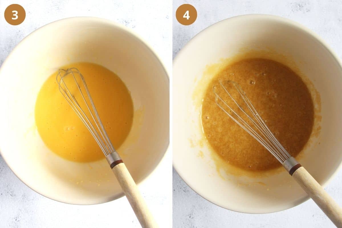 collage of two pictures of stirring butter with egg and then with sugar.